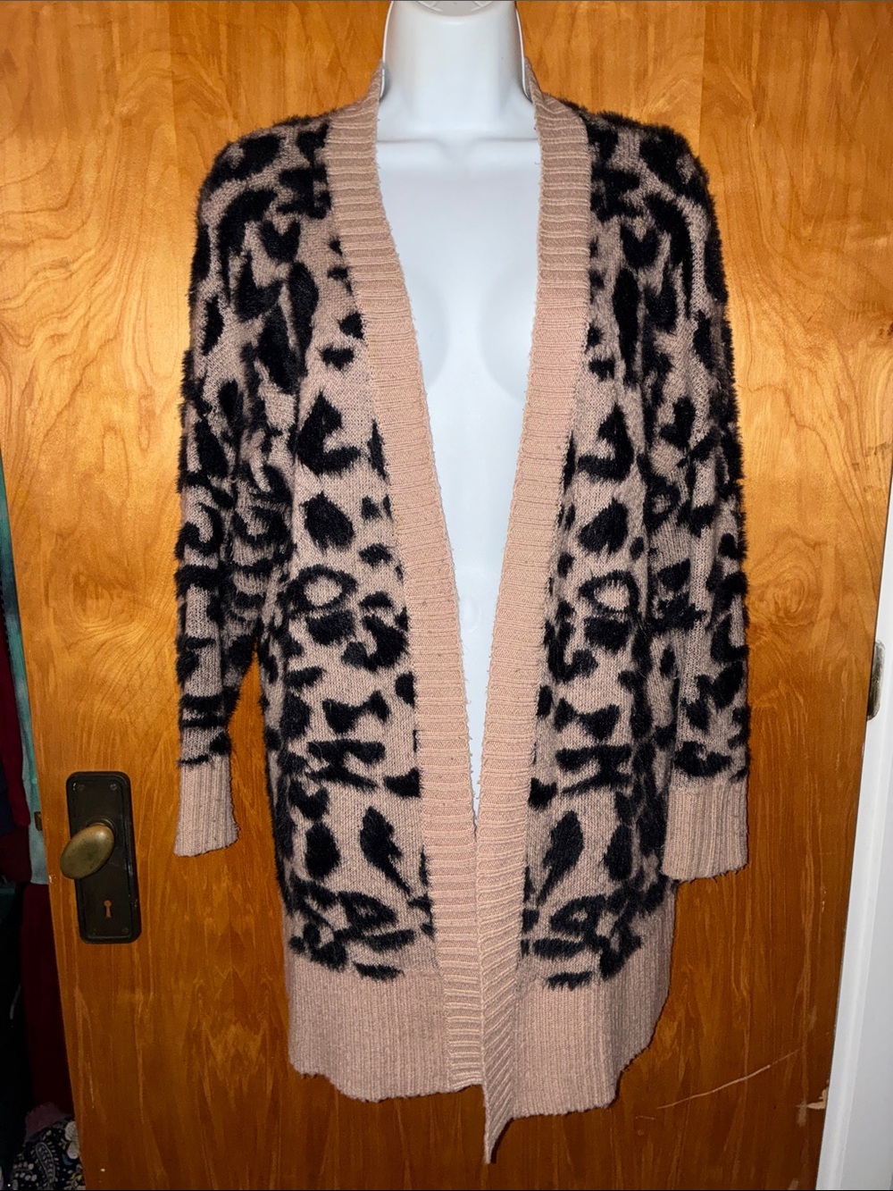 debut Tan and Black Fuzzy Leopard Print Long Open Front Cardigan - Size S